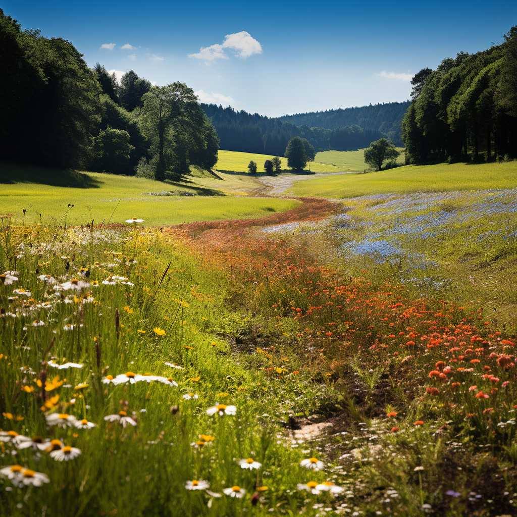 Blühende Wiese in einem Tal, eingerahmt von Wald