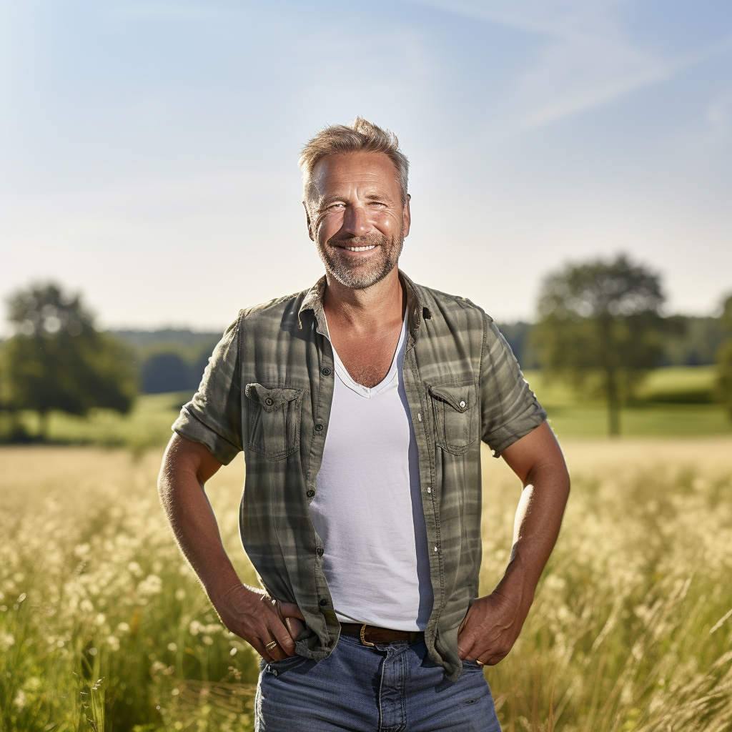 Landwirt steht lächelnd in einem sommerlichen Feld